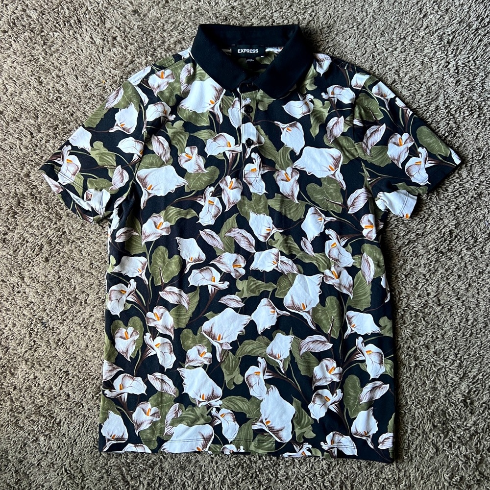 Express Floral Cotton/Spandex Polo Size Small